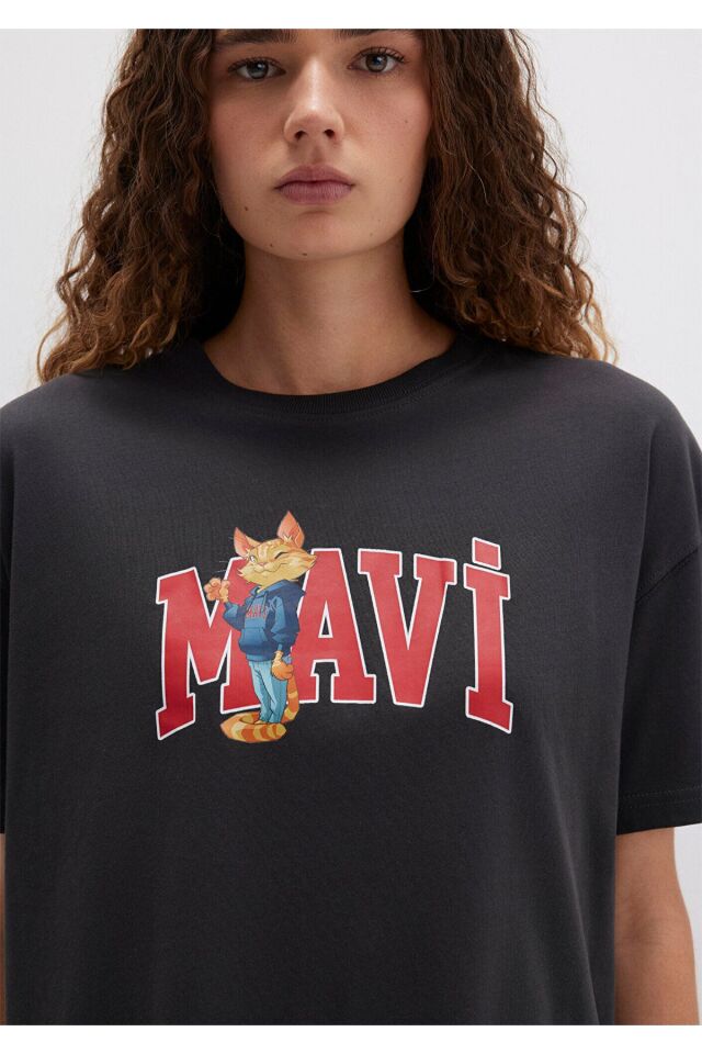 MAVİ KADIN KEDİ LOGO BASKILI TİŞÖRT Kömür 1613285-70087