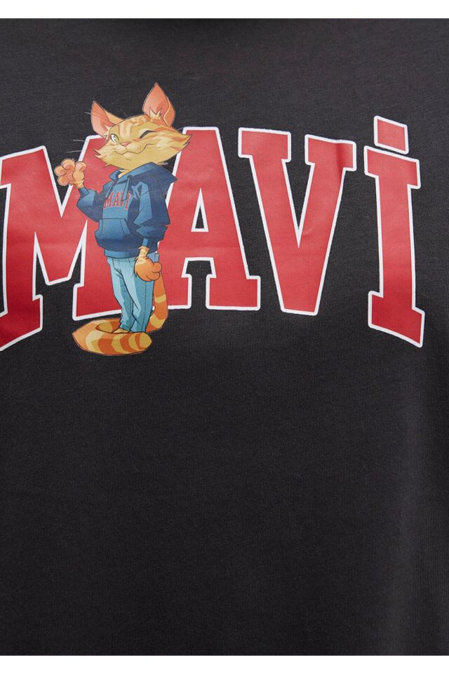 MAVİ KADIN KEDİ LOGO BASKILI TİŞÖRT Kömür 1613285-70087