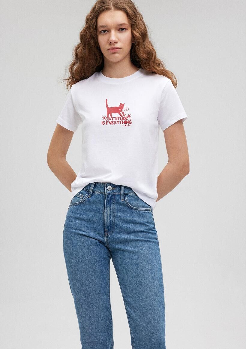 MAVİ KADIN KEDİ BASKILI GRAFIK TIŞORT Beyaz 1612202-620