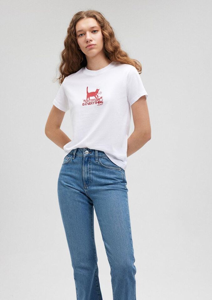 MAVİ KADIN KEDİ BASKILI GRAFIK TIŞORT Beyaz 1612202-620