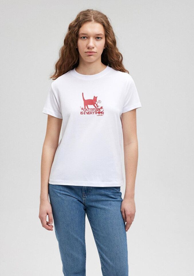 MAVİ KADIN KEDİ BASKILI GRAFIK TIŞORT Beyaz 1612202-620