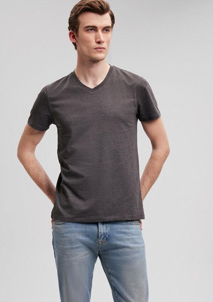 MAVİ ERKEK STRETCH V YAKA TİŞÖRT Koyu Gri Melanj 061748-24398