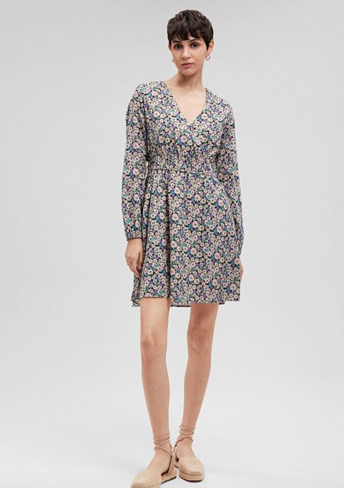 MAVİ KADIN V YAKA MİNİ ELBİSE Spring Flower Print 1310429-86587