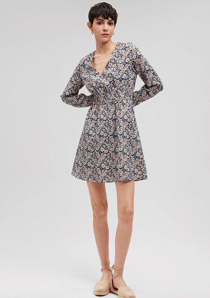 MAVİ KADIN V YAKA MİNİ ELBİSE Spring Flower Print 1310429-86587