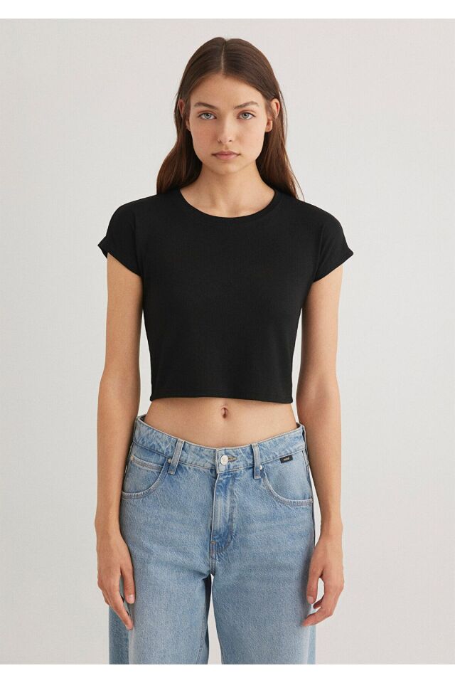 MAVİ KADIN YUVARLAK YAKA ÇİZGİLİ PENYE Black 168382-25745