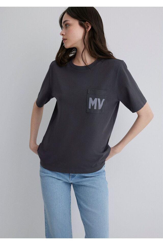 MAVİ KADIN MV BASKILI TİŞÖRT Kömür 1613152-70087