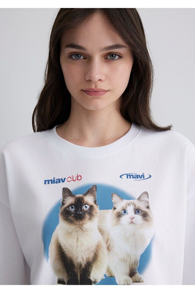 MAVİ KADIN KEDİ BASKILI MODELLİ TIŞÖRT Beyaz 1613098-620